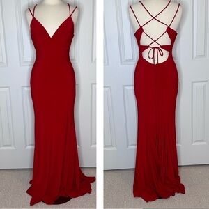 Faviana Long Mermaid Red Gown with Criss Cross Back Sz6